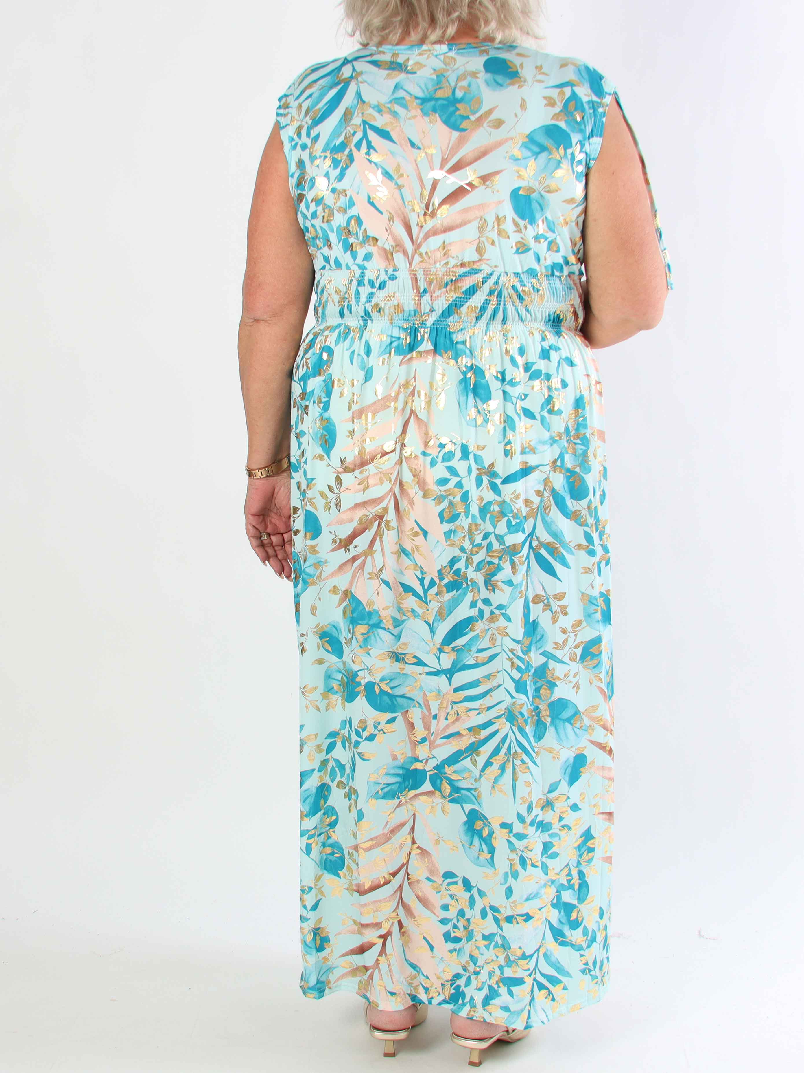 Pams Leaf Gold Sleeveless - Lång elastisk plus size klänning med sött bladmönster
